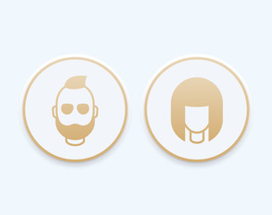 Canvas Print - Avatars round trendy icons, girl and bearded man, gold login pictograms, vector illustration