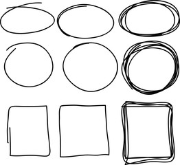 Hand drawn scribble, set of circle and square doodle frames, isolated on white background. Vector illustration.