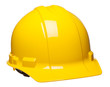 Yellow construction safety hard hat helmet at slight angle isolated on white background for use alone or as a design element