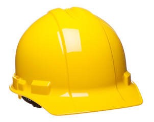 yellow construction safety hard hat helmet at slight angle isolated on white background for use alon