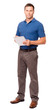 © Eric Hood - Full-length causal businessman in blue polo shirt with digital tablet isolated on white background