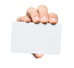 manicured woman's hand holding blank credit business gift membership card isolated on white backgrou