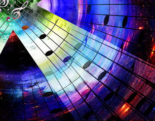 Poster - music notes in space with stars. abstract color background. Music concept.