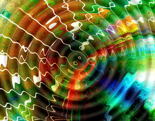 Poster - wavy music notes in space with stars. abstract color background. Music concept.