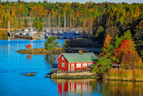 Fototapeta Desenie - Red house on rocky shore of Ruissalo island, Finland