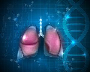 Poster - Lungs, respiratory organs detailed anatomy illustration on a blue scientific DNA background