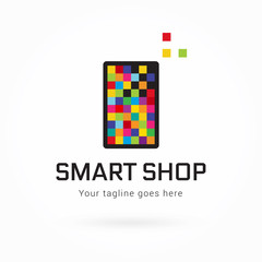 Smartphone or tablet pixel logo template, colorful vector illustration, mobile technology isolated flat icon, editable design element, logotype concept for smart shop, store, web, digital, mobile app