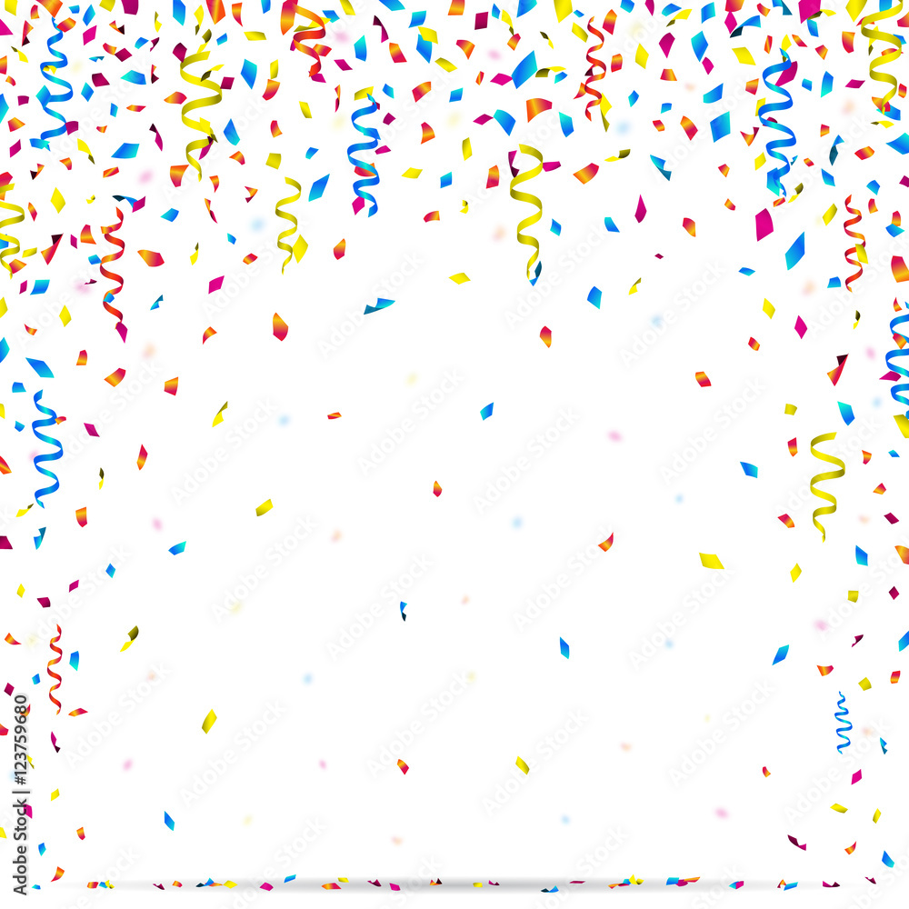 Bright celebration background with colorful falling confetti and party ...