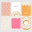 Set of bright food cards. Set of donuts with white glaze. Donut seamless pattern.