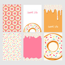 Set Of Bright Food Cards. Set Of Donuts With White Glaze. Donut Seamless Pattern.