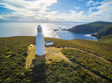 Aerial View Of Bruny Island Lighthouse At Sunset. Tasmania, Australia