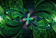 Abstract Colorful Floral Ornament On Black Background. Symmetrical Pattern In Deep Green And Purple Colors. Fantasy Fractal Design For Postcards, Wallpapers Or T-shirts.