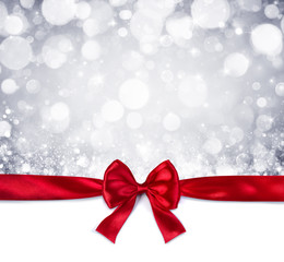 Red Ribbon With Shiny Silver Background - Christmas Card
