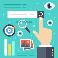 Wall Mural - internet search. finger touching search button with magnifying glass, searching engine icons, elemen