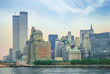 New York City skyline from New Jersey with World Trade Center featured as landmark of the Twin Towers. Lower Manhattan in NYC, United States.