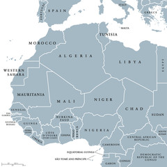  West Africa countries political map with national borders. English country names. Illustration. Gray illustration with English labeling and scaling on white background.