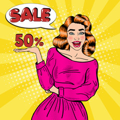 Wall Mural - Pop Art Young Smiling Woman Advertising Sale. Vector illustration