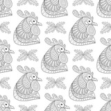 Fototapeta Dinusie - Zentangle Cartoon Rooster with Mistletoe seamless pattern. Hand