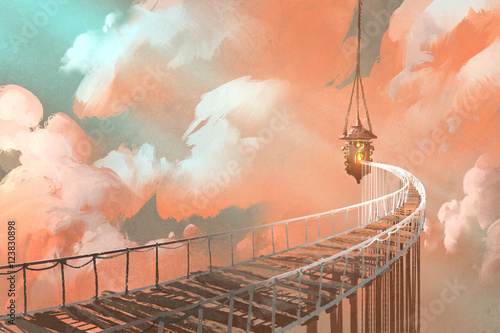 Nowoczesny obraz na płótnie rope bridge leading to the hanging lantern in a clouds,illustration painting