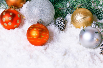 Composition with Christmas decorations fir tree on white background