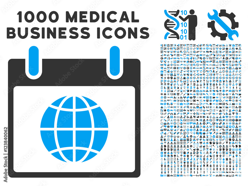 Blue And Gray Globe Calendar Day vector icon with 1000 medical business ...