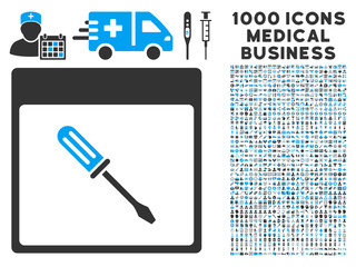 Wall Mural - Blue And Gray Screwdriver Calendar Page vector icon with 1000 medical business pictograms. Set style is flat bicolor symbols, blue and gray colors, white background.