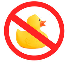 Rubber Duck Yellow Toy For Swimming Isolated On White Background, The Sign