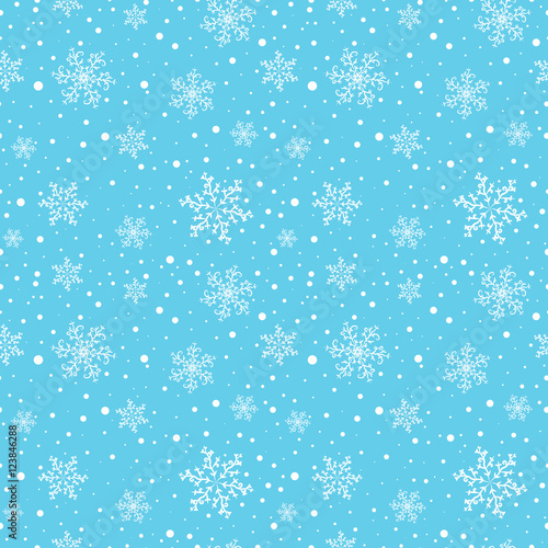 Materiał do szycia Nahtlose Winter Muster mit weißen Schneeflocken auf hellblauem Hintergrund. Vektor-Illustration.