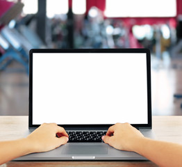 Wall Mural - Female hands working with laptop on blurred gym background