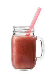 Wall Mural - Glass jar of fresh delicious smoothie with straw on white background, closeup