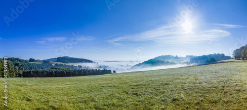 foggy rural landscape in morning in the eifel Obraz na płótnie
