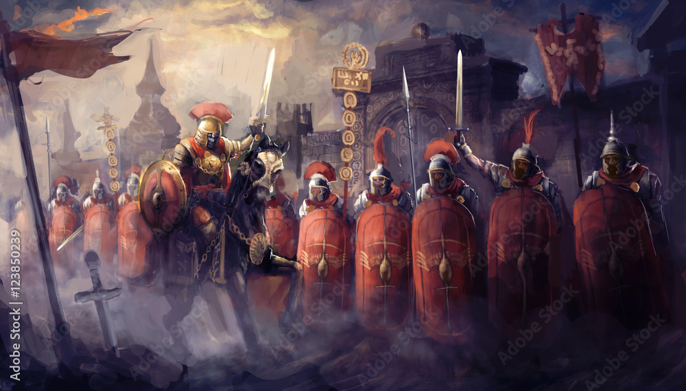 Roman soldiers and their general  - obrazy, fototapety, plakaty 