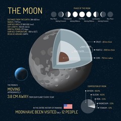 Wall Mural - The Moon detailed structure with layers vector illustration. Outer space science concept banner. Infographic elements and icons. Education poster for school.