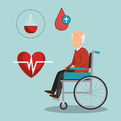 Poster - avatar old man on wheelchair with medicine icon set over blue background. vector illustration