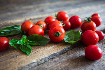 Fresh tomatoes with herbs on a kitchen board