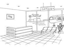 Airport Black White Interior Graphic Art Sketch Illustration Vector