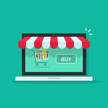 Concept Of Online Shop, E-commerce Store, Internet Shop Vector Illustration Isolated On Green Color Background, Laptop As Ecommerce Online Store With Shopping Cart And Buy Button
