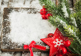 Fototapeta Na ścianę - Christmas card with snow, red star and fir-tree branch