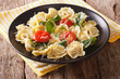 Delicious tortellini with spinach, tomatoes and cheese close-up. horizontal