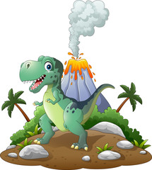 Canvas Print - Cartoon happy dinosaur in the prehistoric background

