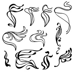 Set of hand drawn decorative curly borders in art nouveau style, isolated on white background. Vector illustration.