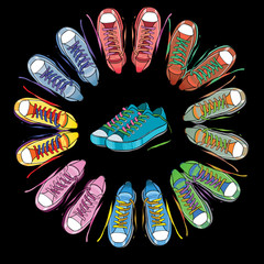 Wall Mural -  illustration of Sport shoes, sneakers round on black background