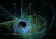 Fractal Pattern With Tunnel, Blue Green Squares And Circles On A Black Background
