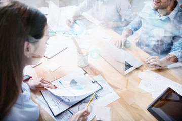 Wall Mural - Top view of busy woman in office together with others