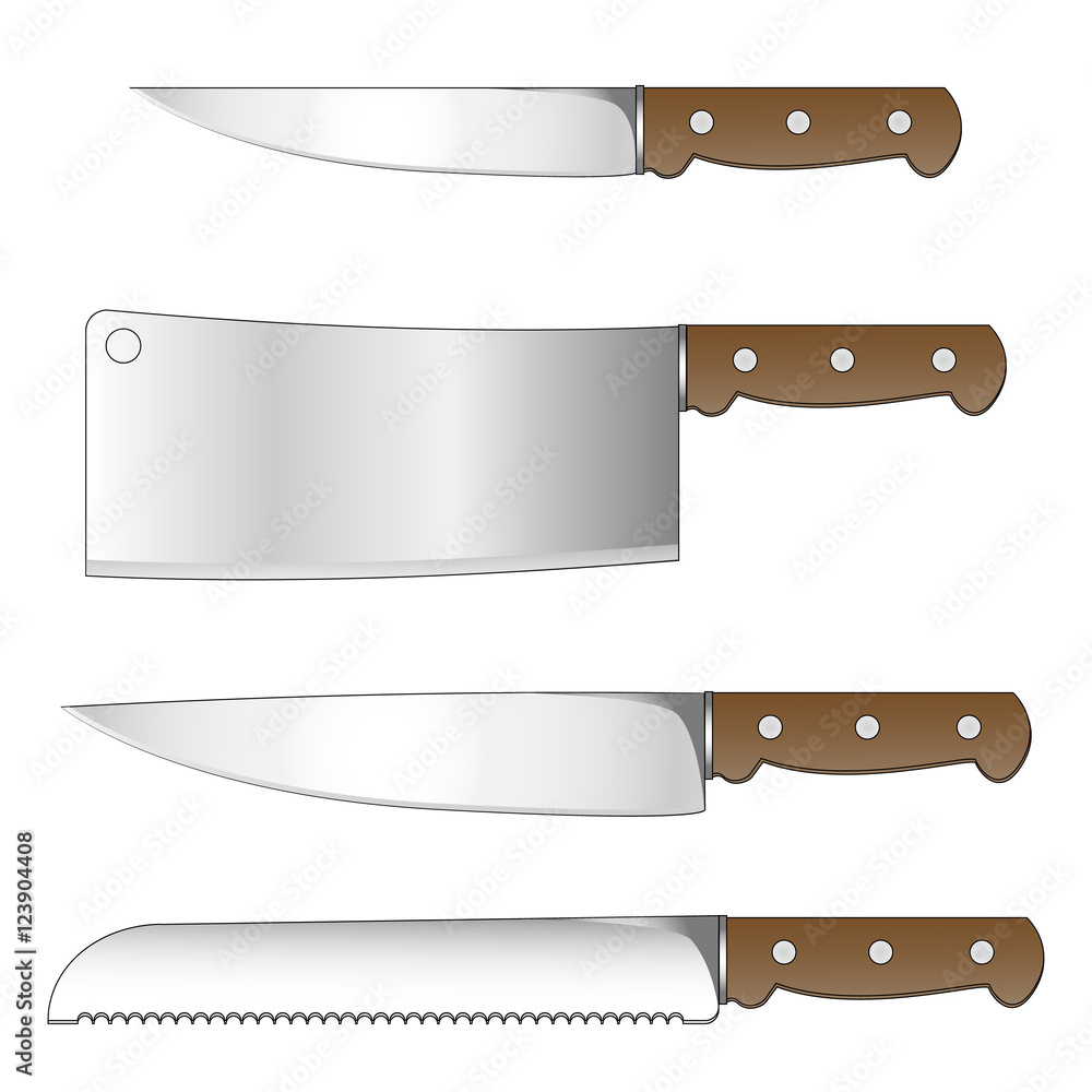 Set of kitchen knives isolated on white background. Vector illustration.  Utility knife, cleaver knife, chef's knife, bread knife. Kitchenware. Stock  Vector | Adobe Stock, image size:1000x1000