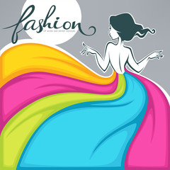 girl in dress look like a colorful fabric, fashion banner, card,