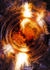Poster - Cosmic space and color circle effect with planet, color background.