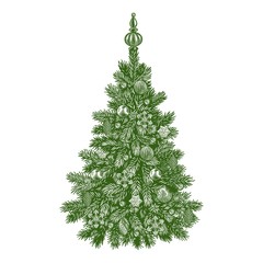 christmas tree, detailed vintage vector illustration