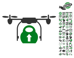 Wall Mural - Load Cargo Drone icon with bonus calendar and time service images. Vector illustration style is flat iconic symbols, green and gray colors, white background.