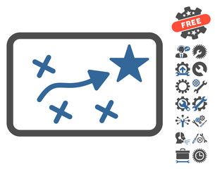 Wall Mural - Route Plan pictograph with bonus configuration graphic icons. Vector illustration style is flat iconic symbols, cobalt and gray colors, white background.